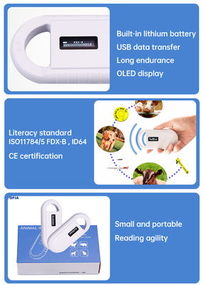 Fofia PT160 خواننده کارت میکروچیپ RFID حیوانات دستی پلاستیکی 134.2 کیلوهرتز صفحه نمایش OLED باتری لیتیومی USB گواهی CE ISO 5-10 سانتی متر