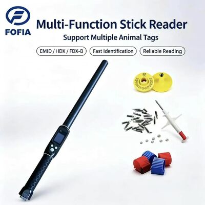 FOFIA قارئ بطاقات أذن RFID مقاوم للماء طويل المدى 134.2 كيلو هرتز بروتوكول ISO11784/5 مسافة قراءة 30-100 سم مادة PVC للمزرعة