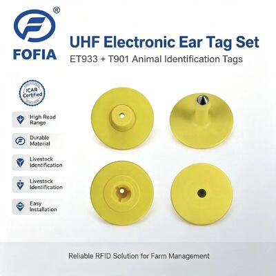 New UHF Waterproof RFID TPU 5.7mm Yellow Animal Ear Tags ET933+T901 Chips 5 Year Warranty Fofia Cattle Use