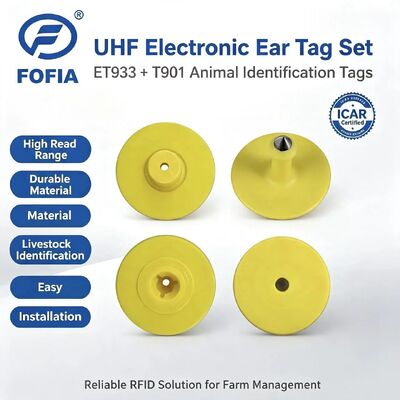 برچسب گوش RFID الکترونیکی ضد آب UHF جدید 5.7 میلی متری TPU زرد ET933+T901 تراشه ها گارانتی 5 ساله برای استفاده گاو Fofia