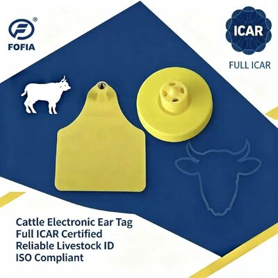 برچسب گوش RFID TPU زرد FOFIA جدید کامل ICAR بادوام ضد آب ET908+T905 تراشه‌های مزرعه گارانتی 5 ساله گاو 14.5 میلی‌متر