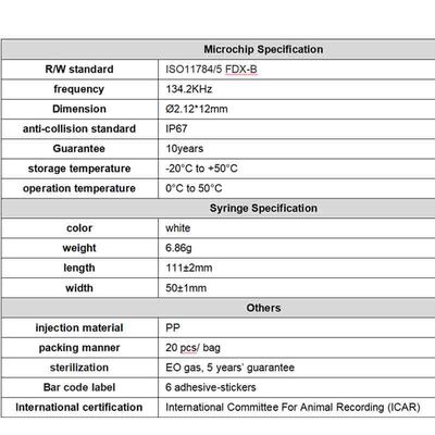 فوفیا جدید ICAR گواهینامه RFID 134.2kHz PP حیوان شناس مایکروچیپ ضد آب برای سگ ها و گربه ها استفاده از 1.5 سال گارانتی