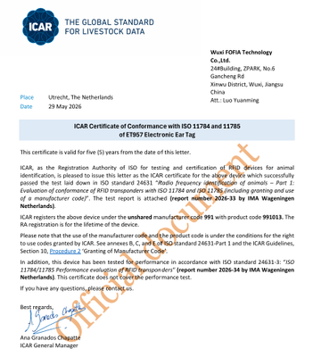 ICAR Approved Fofia ET957 T967 RFID Electronic Sheep Ear Tag TPU Laser Coded ISO 11784 5 FDX B 134.2 kHz Farm Tracking