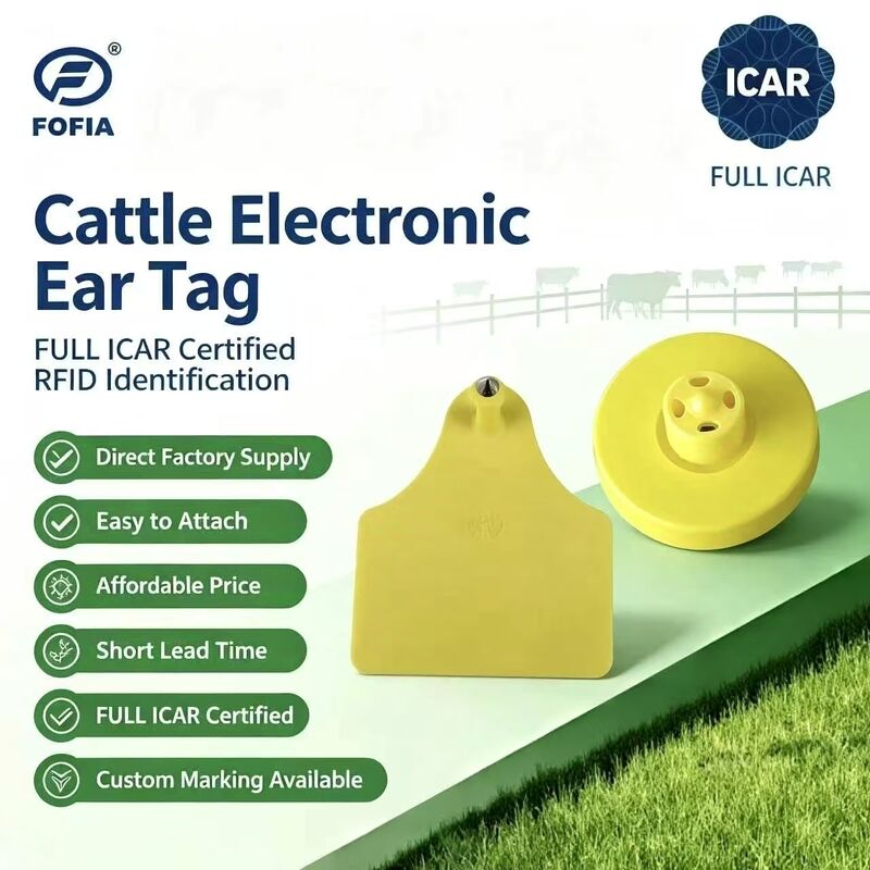 FOFIA جدید کامل ICAR دوامدار ضد آب RFID TPU برچسب های گوش زرد حیوانات ET908 + T905 EM4305 تراشه 5 سال گارانتی گاو 14.5mm