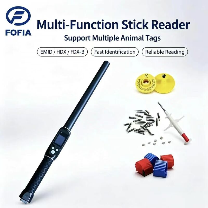 FOFIA قارئ بطاقات أذن RFID مقاوم للماء طويل المدى 134.2 كيلو هرتز بروتوكول ISO11784/5 مسافة قراءة 30-100 سم مادة PVC للمزرعة
