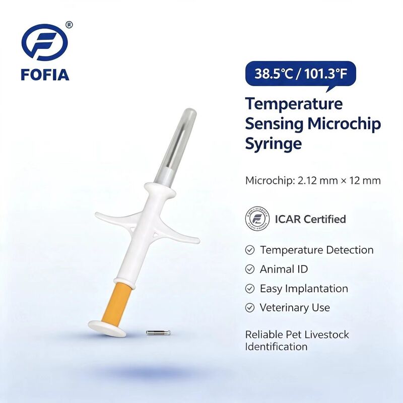 ICAR گواهینامه Fofia جدید حسگر دمای گرم میکروچیپ RFID بیوگلاس سفید HT001 شناسه حیوانات ضد آب سگ گربه حیوانات خانگی 1.5