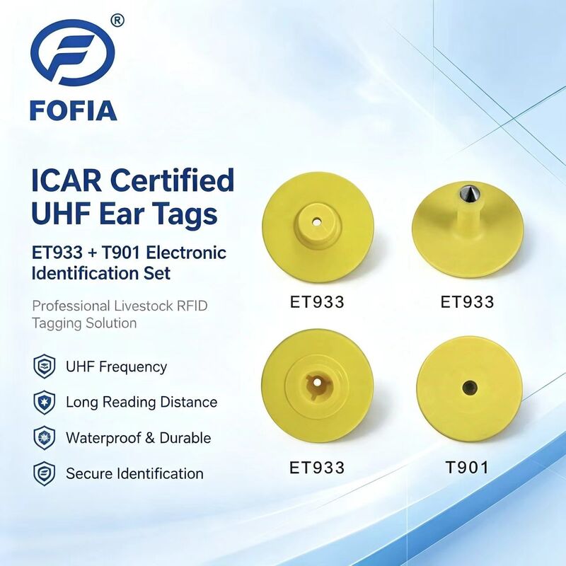 برچسب های جدید گوش UHF الکترونیک ضد آب RFID TPU 5.7mm زرد ET933+T901 تراشه 5 سال گارانتی استفاده از گاو Fofia