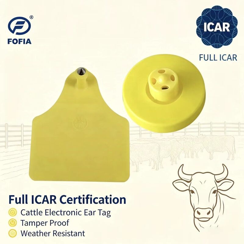 FOFIA جدید کامل ICAR دوامدار ضد آب RFID TPU برچسب های گوش زرد LF ET908+T905 تراشه های مزرعه ای 5 سال گارانتی گاو 14.5mm
