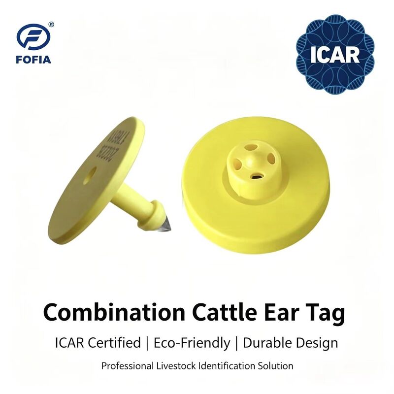 برچسب گوش گاو RFID TPU ضد آب Fofia با گواهینامه ICAR ET908+T901 زرد رنگ جدید با کیفیت بالا و گارانتی 1.5 ساله